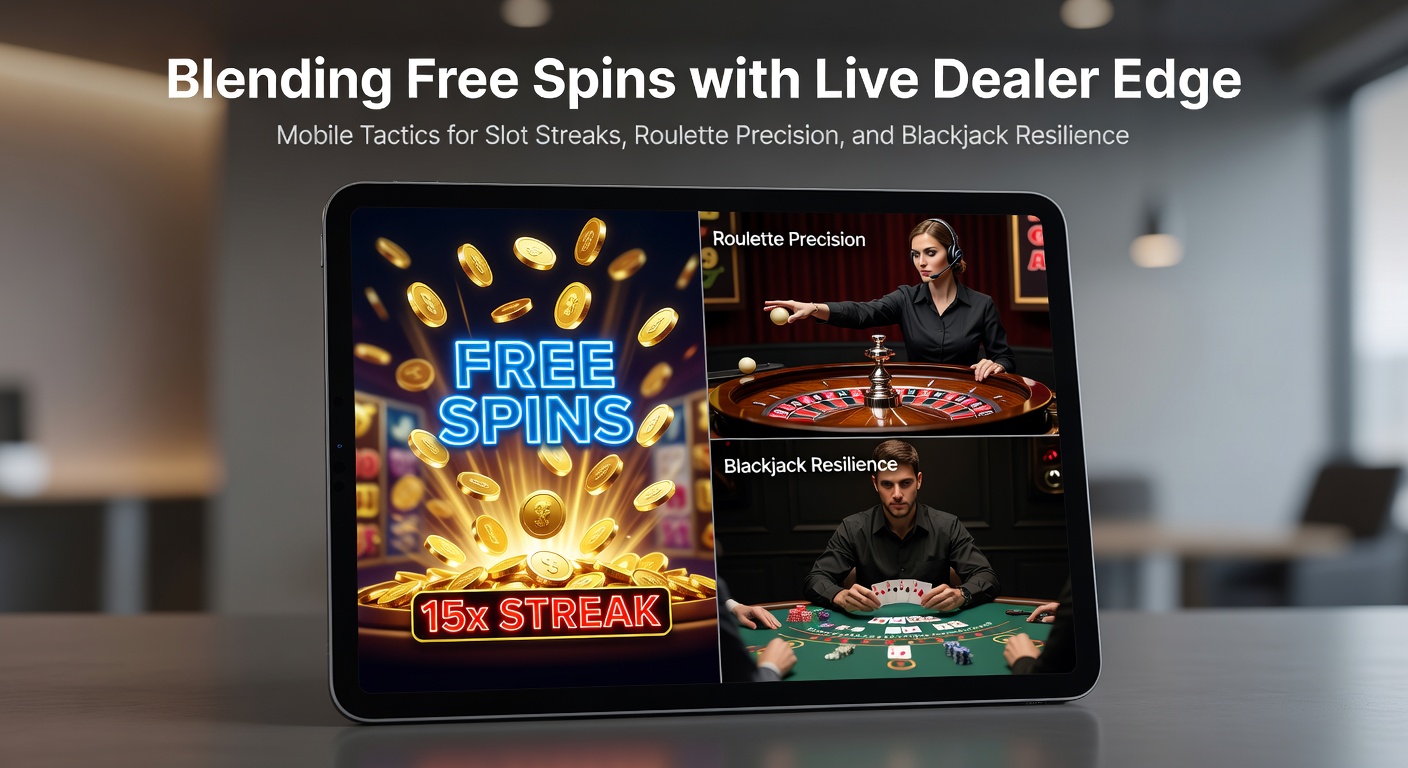 Smartphone mit Casino-App, das Freispiele bei Slots und Live-Dealer-Tische für Roulette und Blackjack zeigt, umgeben von mobilen Benachrichtigungen und Strategie-Icons