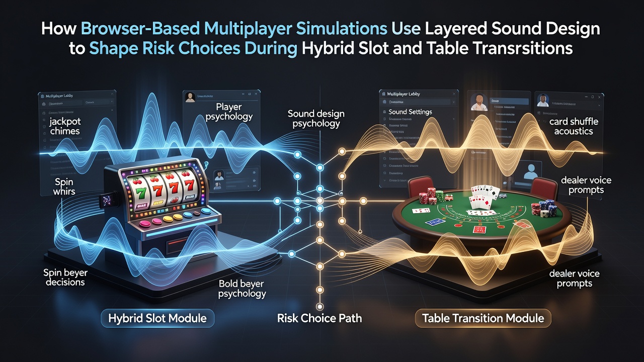 Browserbasierte Multiplayer-Simulation mit visuellen und akustischen Elementen während hybrider Spielübergänge