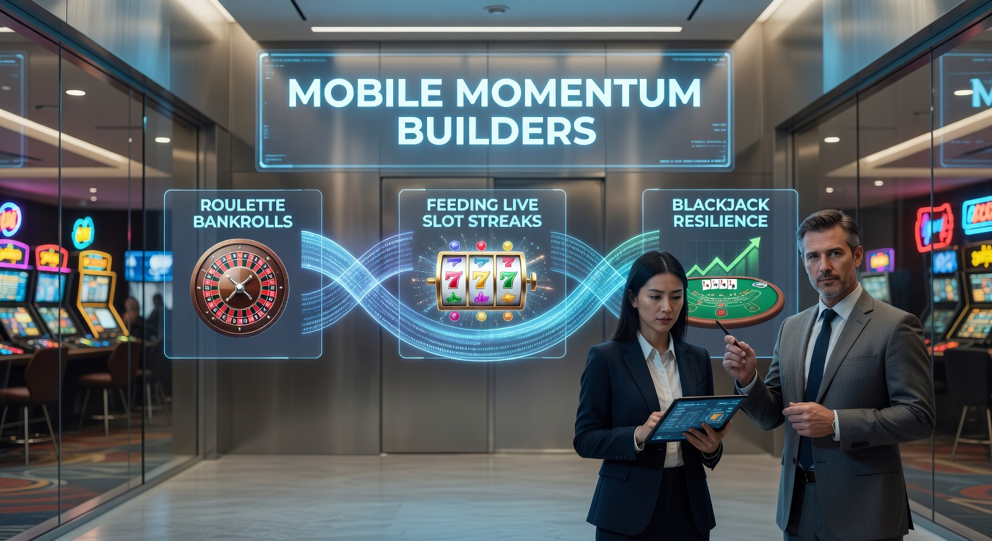 Smartphone mit Roulette-Tisch und Slot-Maschinen im Mobile-Casino-Hintergrund, das Momentum-Bau visualisiert