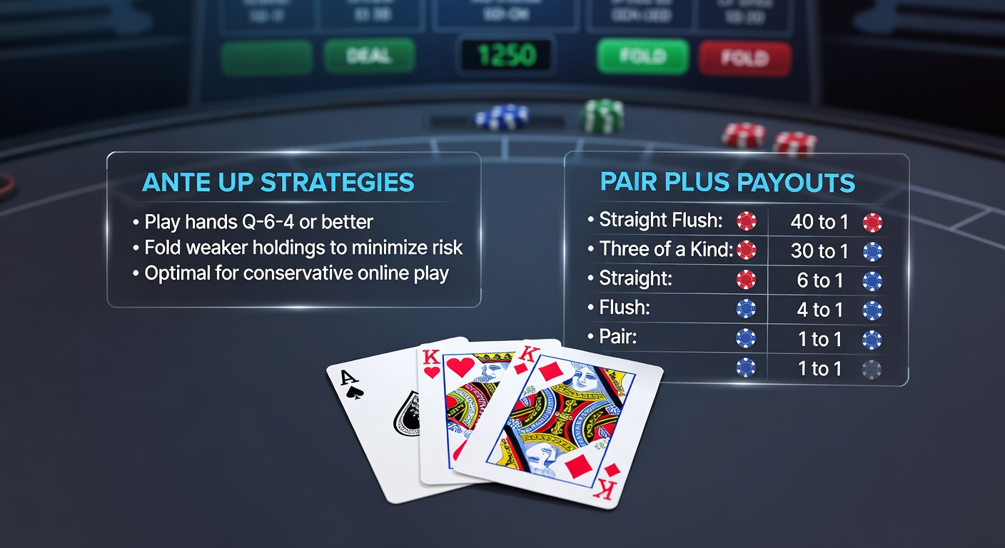 Auszahlungstabelle für Pair Plus im Three-Card Poker: Leuchtende Chips stapeln sich neben Kartenkombinationen wie Straight Flush und Three of a Kind