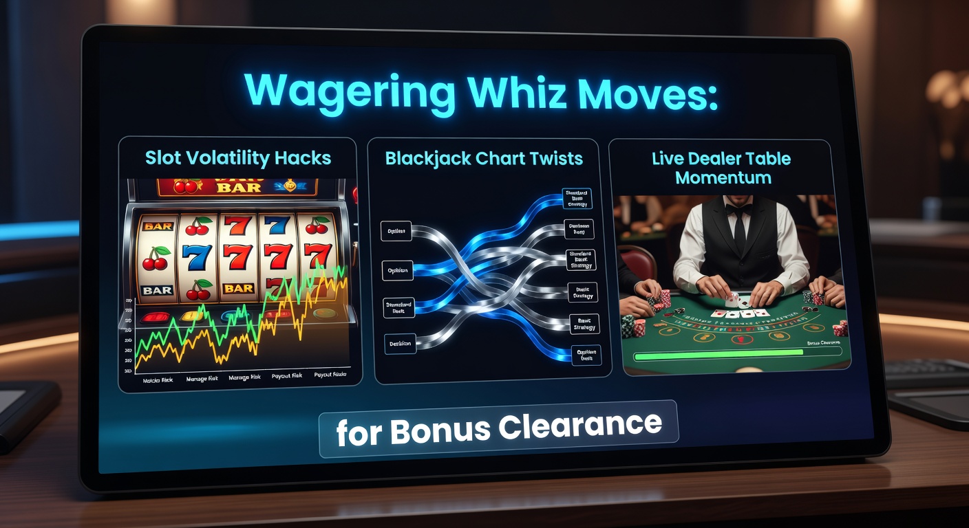 Grafik zeigt Slot-Maschinen mit variierender Volatilität neben Blackjack-Tabellen und Live-Dealer-Sessions für effektives Bonus-Wagering